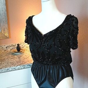 Vintage Black Silk Beaded Bodysuit size 6 by A.J.Bari